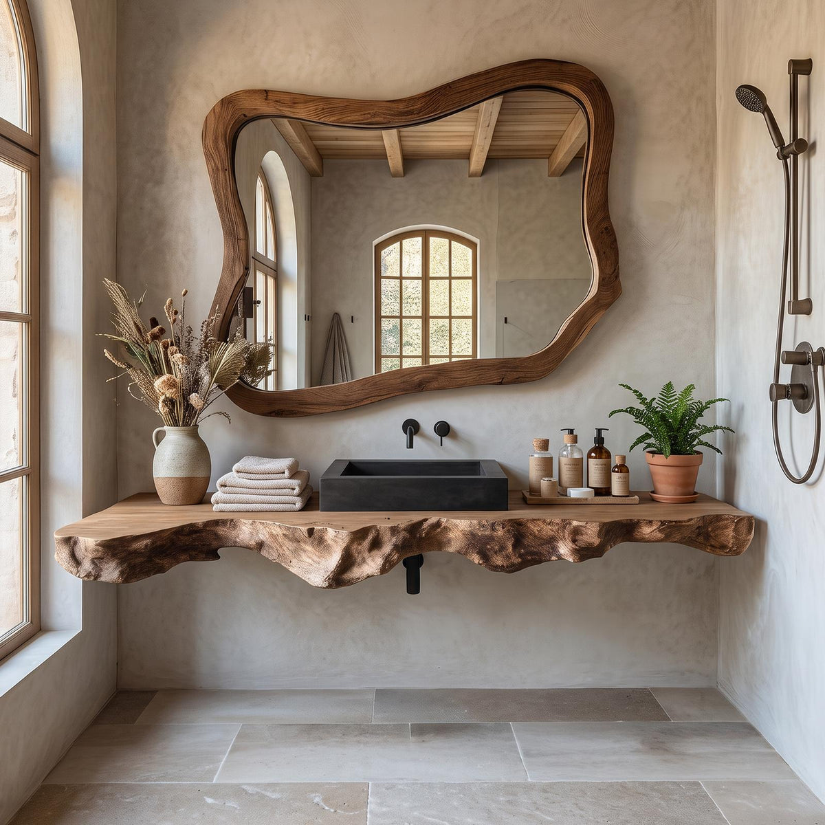 Spry Interior Live Edge Solid Wood Bathroom Vanity, Rustic Handcrafted Floating Sink Console Table with Storage Shelf, SILDTTRBAS024