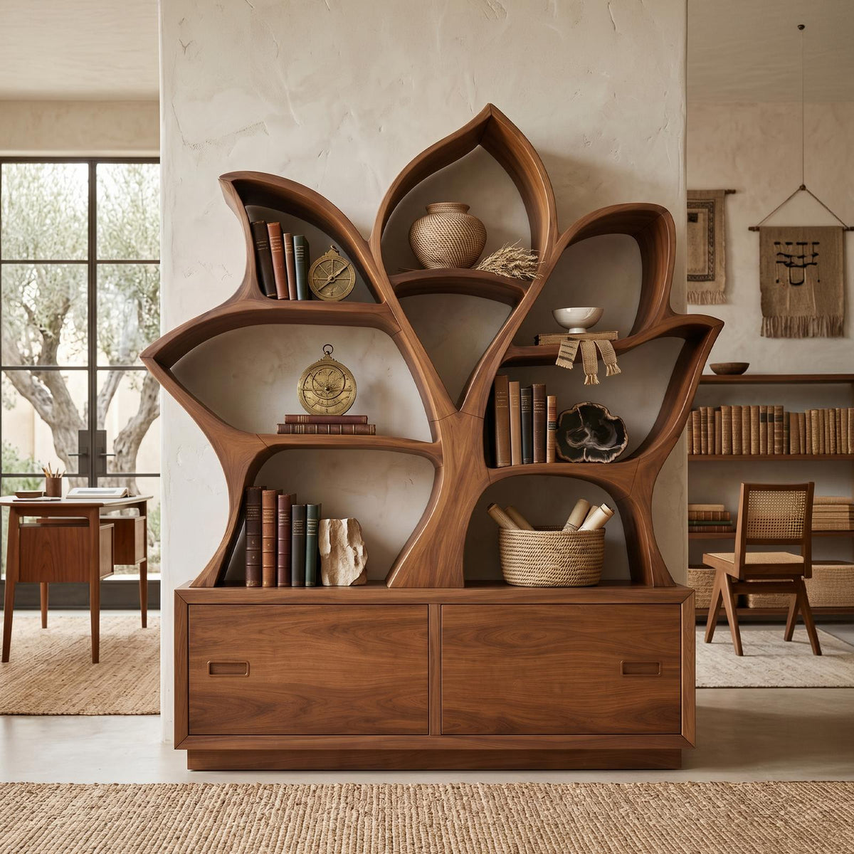 Mid Century Library Bookshelf For Contemporary Living Room