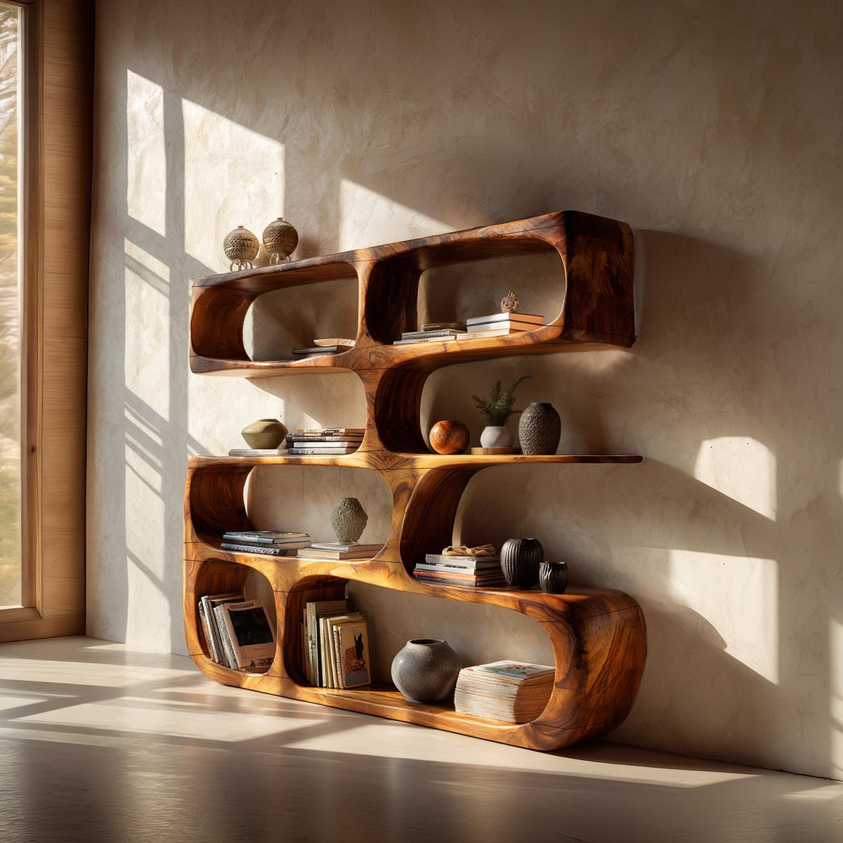 Minimalist Modern Sculptural Bookshelf, Abstract Wood Bookcase Display Stand for Living Room Art
