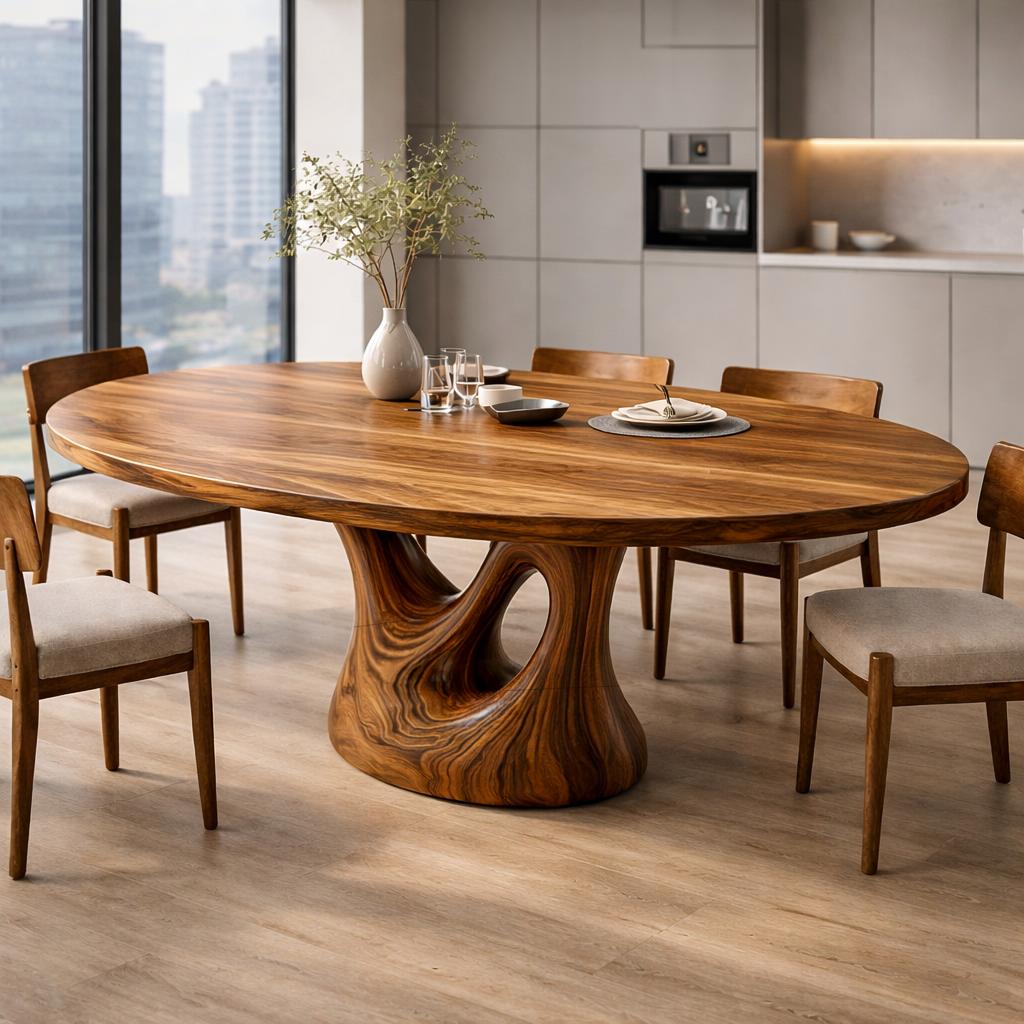 Spry Interior Farmhouse Wooden Dining Table with Sculptural Base, Rustic Solid Wood Kitchen Dinner Table, Model RTTHTTDN035