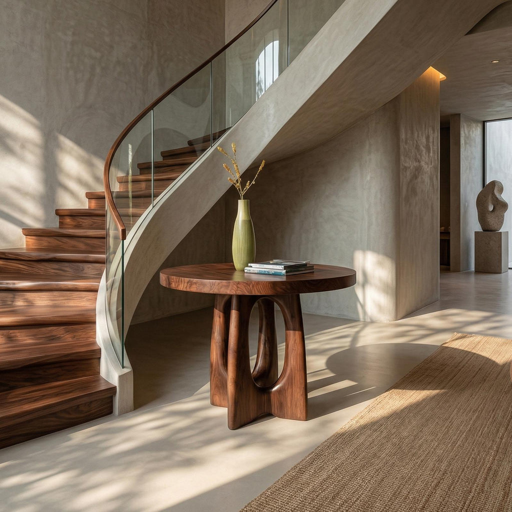 Round Entryway Center Table, Solid Wood Pedestal Foyer Table for Staircase, Hallway & Living Room