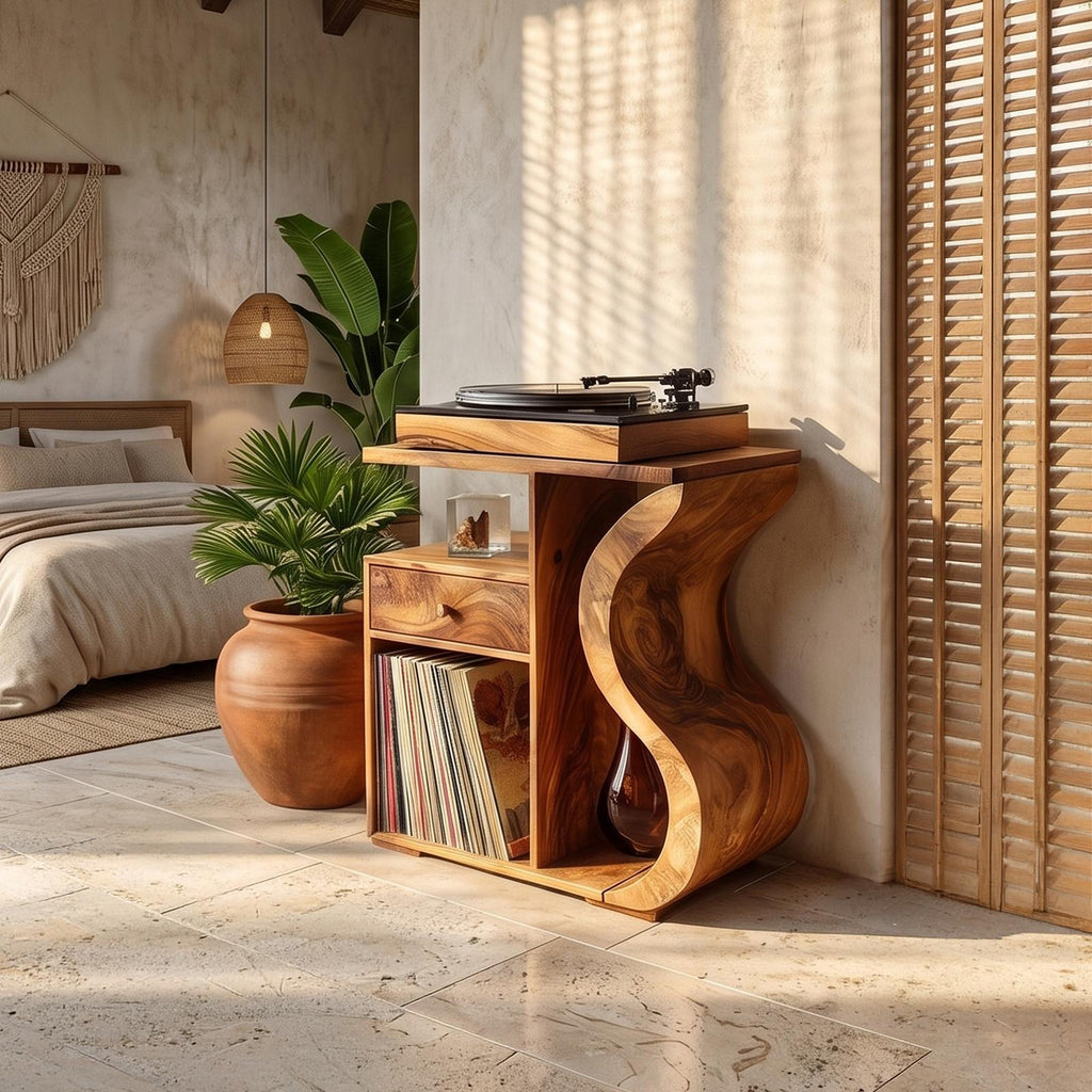 Spry Interior Organic Wave Wood Vinyl Record Cabinet, Handcrafted Boho Chic Turntable Console Stand with LP Storage, Model SILDTTRRPT040