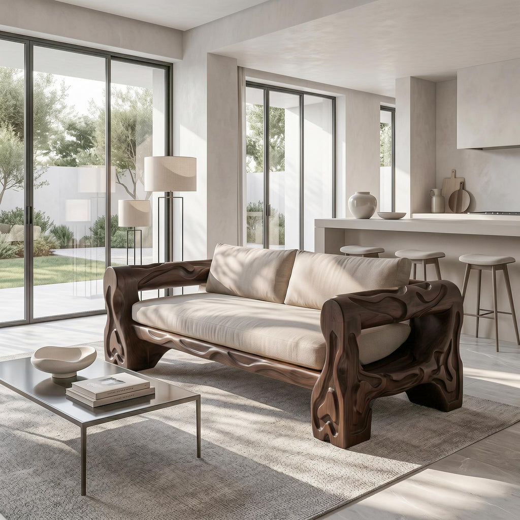 Organic Sofa Frame With Sculptural Open Loop Armrests For Living Room