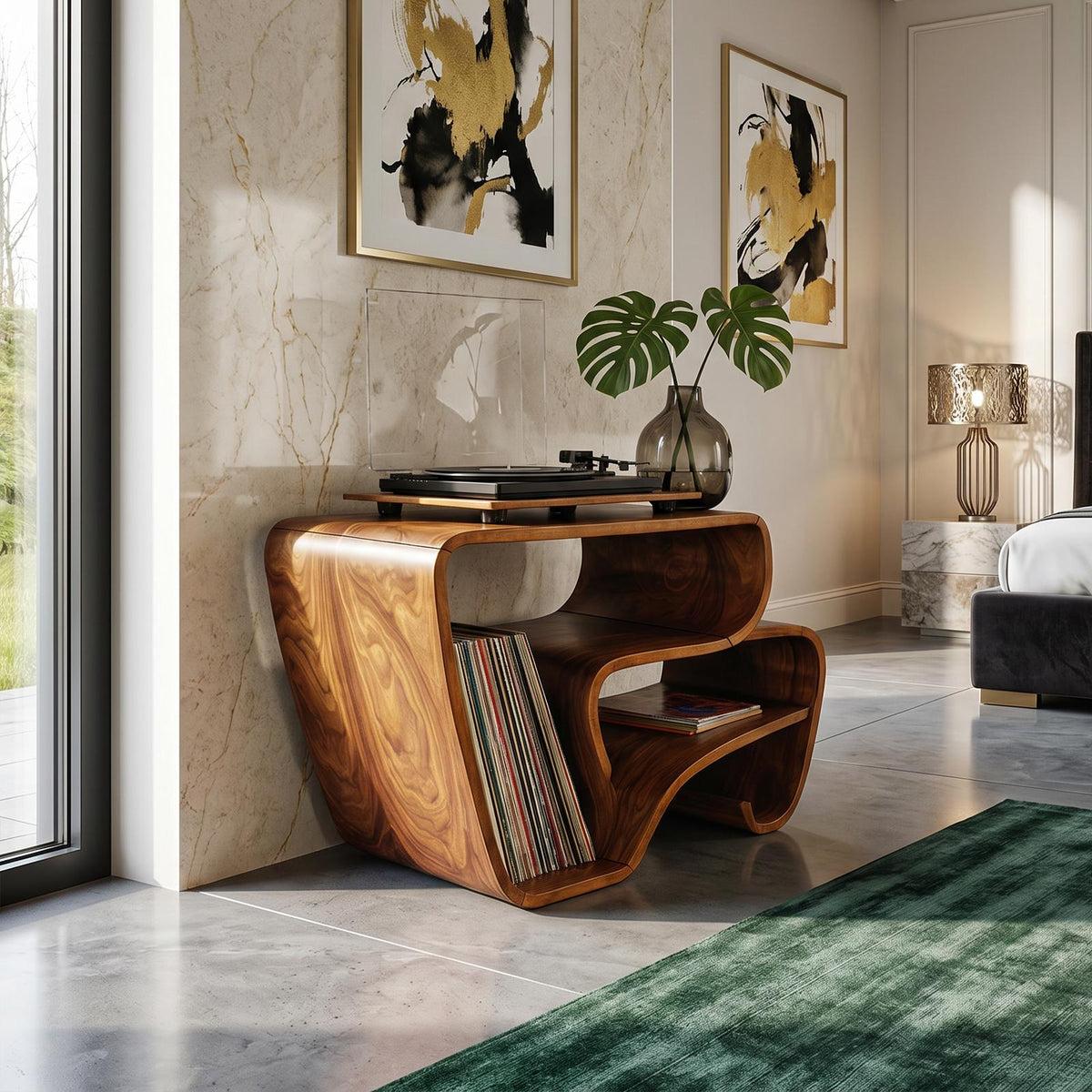 Spry Interior Contemporary Curved Wooden Vinyl Record Cabinet, Handcrafted Modern LP Storage Turntable Console Stand, Model SILDTTRRPT045