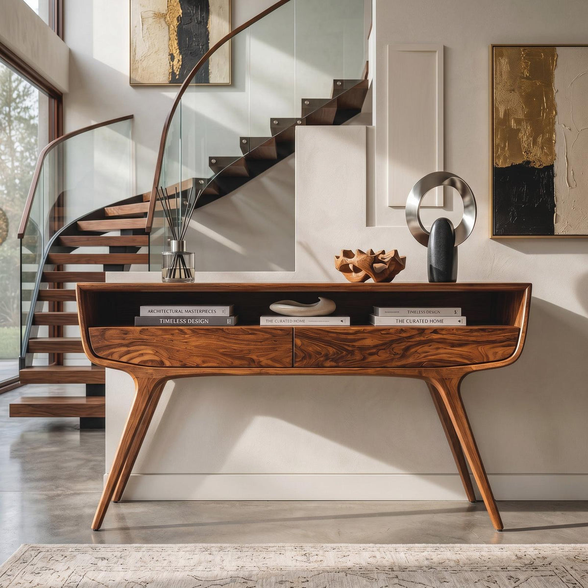 Mid Century Curved Console Table With Drawers For Entryway