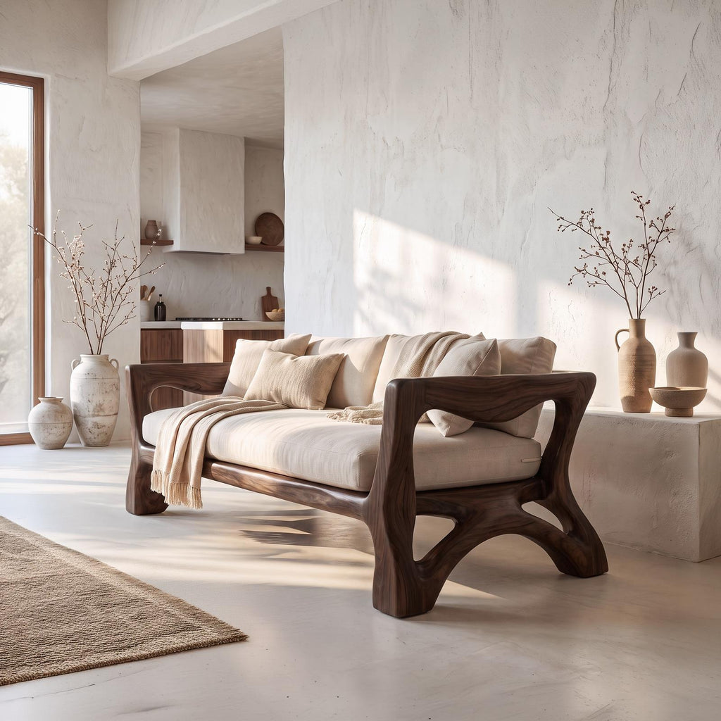 Sculptural Sofa Frame With Solid Wood Armrests For Living Room