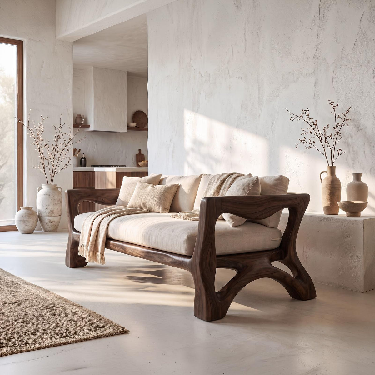 Sculptural Sofa Frame With Solid Wood Armrests For Living Room