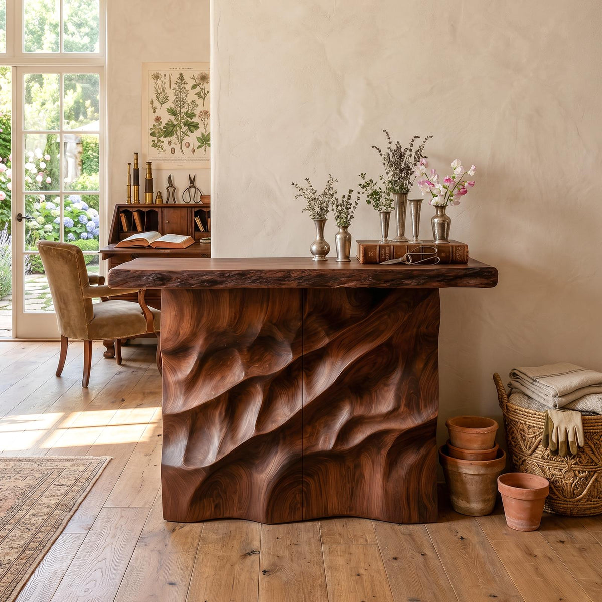 Mid Century Carved Display Table For Grand Entryway Space
