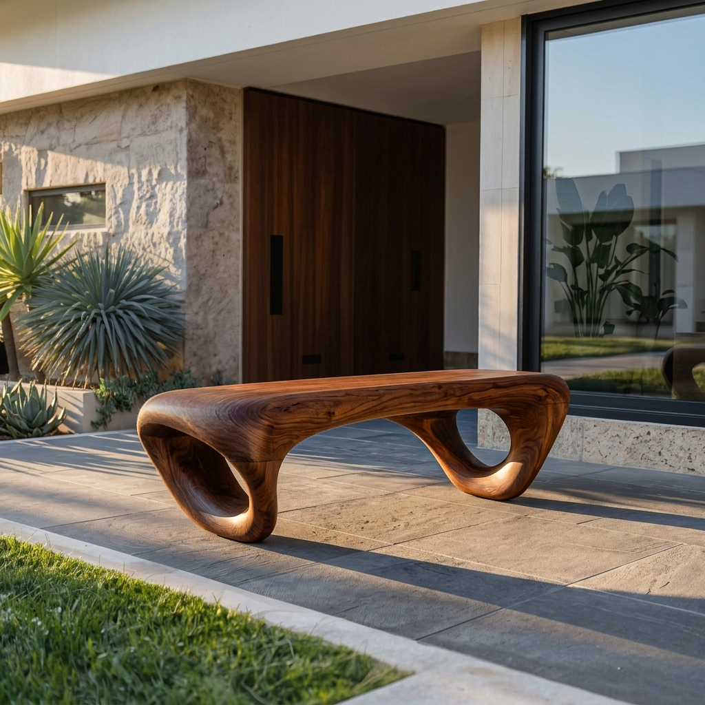 Modern Sculptural Outdoor Bench, Weather-Resistant Handcrafted Solid Wood Garden Patio Bench Seating & Park Furniture