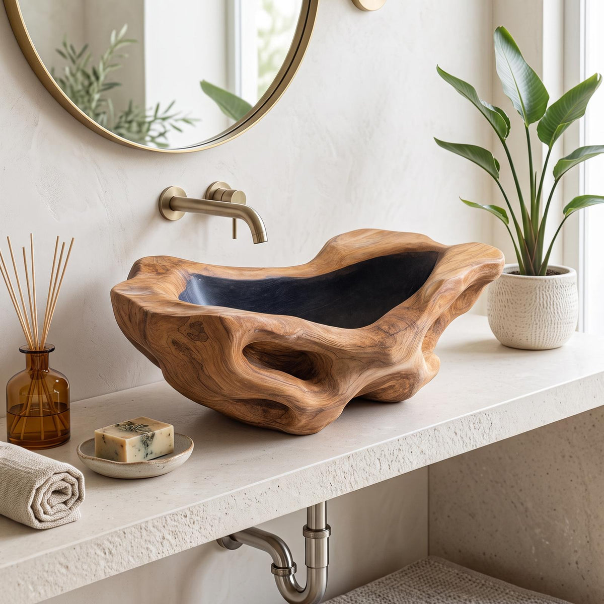 Rustic Wood Wash Basin, Handcrafted Natural Live Edge Wooden Vessel Sink for Vintage Farmhouse Bathroom Vanity