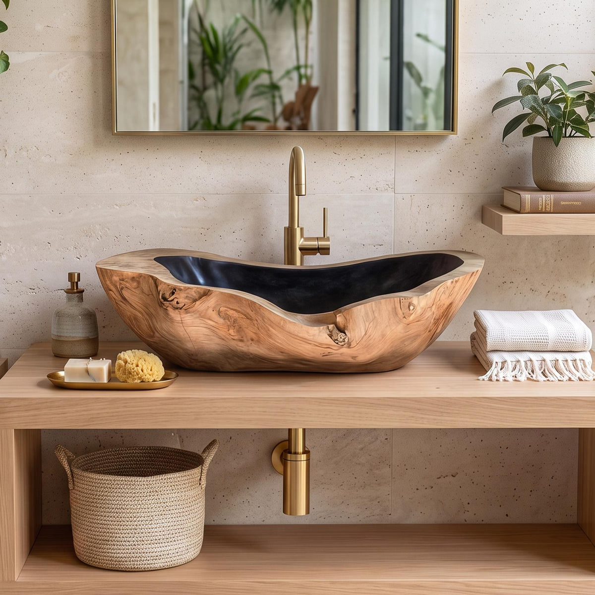 Handcrafted Wooden Vessel Sink, Eco-Friendly Rustic Solid Wood Wash Basin for Master Bathroom Vanity & Art Decor