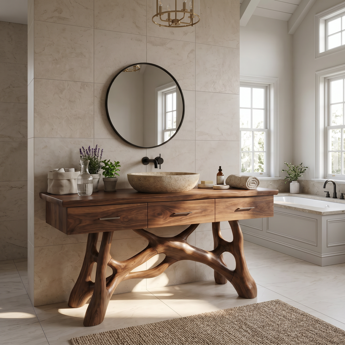 Natural Wood Sink Vanity with Drawers, Handcrafted Solid Wood Master Bathroom Storage Cabinet Console