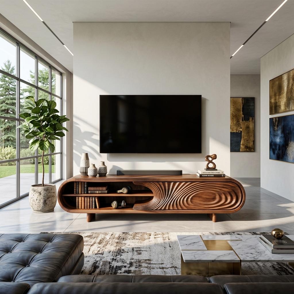 Modern Sculptural Wood TV Stand With Curved Grain Pattern For Living Room