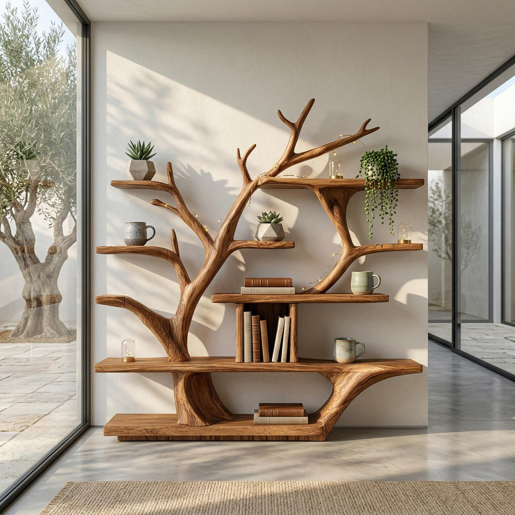 Modern Organic Tree Bookshelf, Solid Wood Branch Design Bookcase & Display Shelf for Living Room Decor