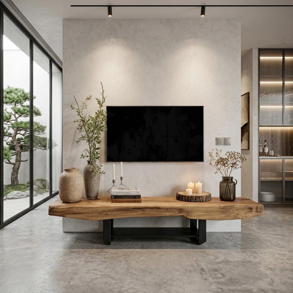 Rustic TV Shelf With Metal Legs For Minimalist Living Room