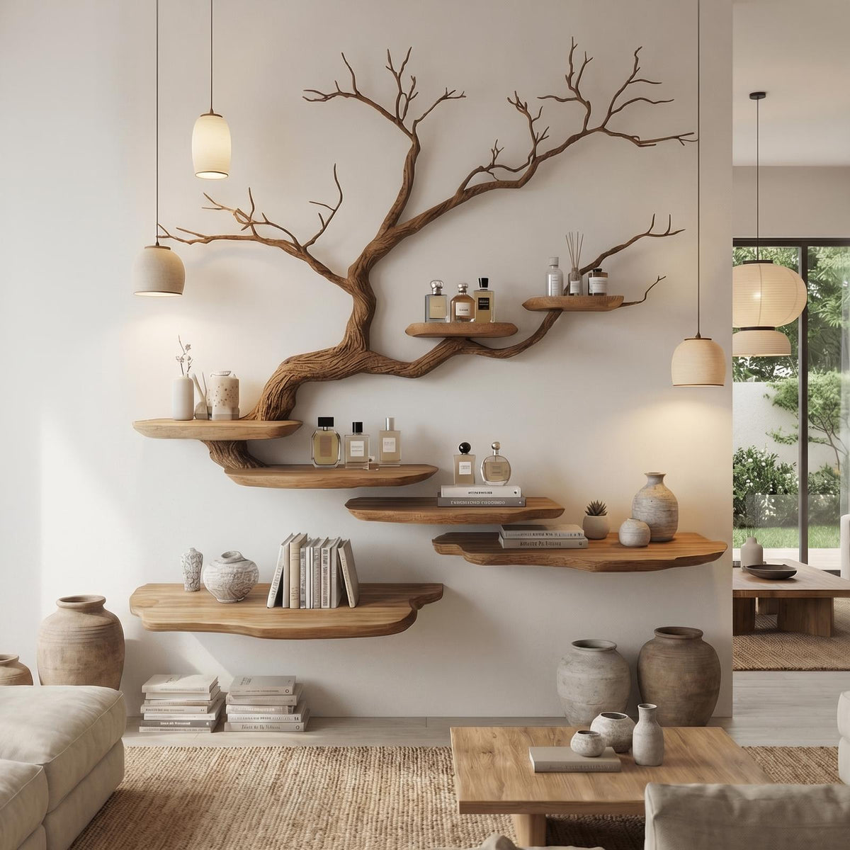 Rustic Tree Branch Wall Mounted Bookshelf For Living Room And Bedroom Space