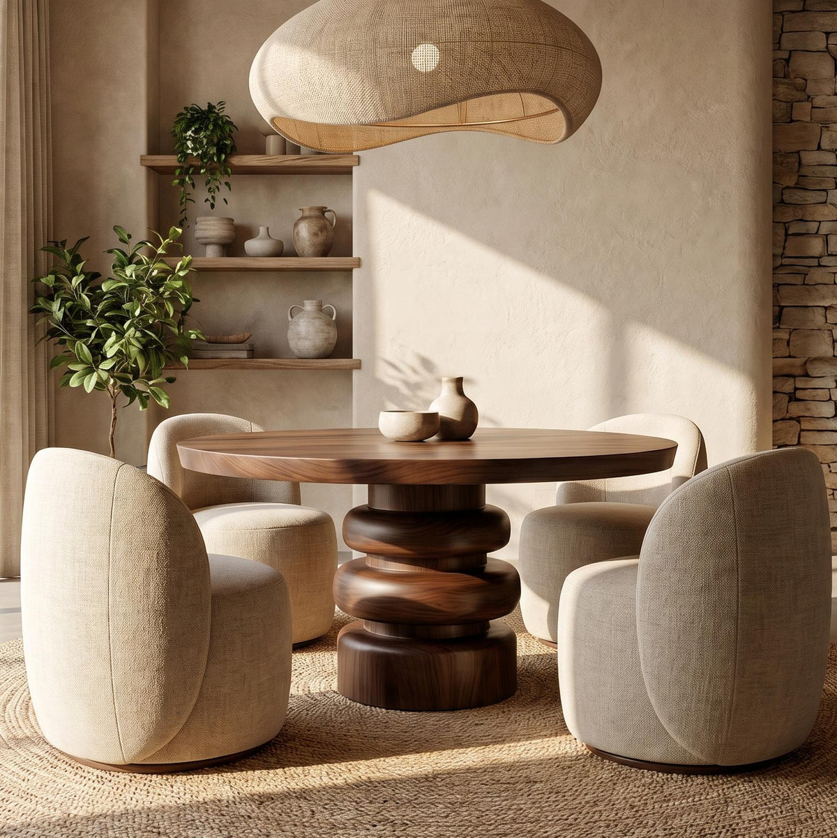 Rustic Sculptural Round Dining Table, Handcrafted Solid Wood Kitchen Table for dining room Home Decor
