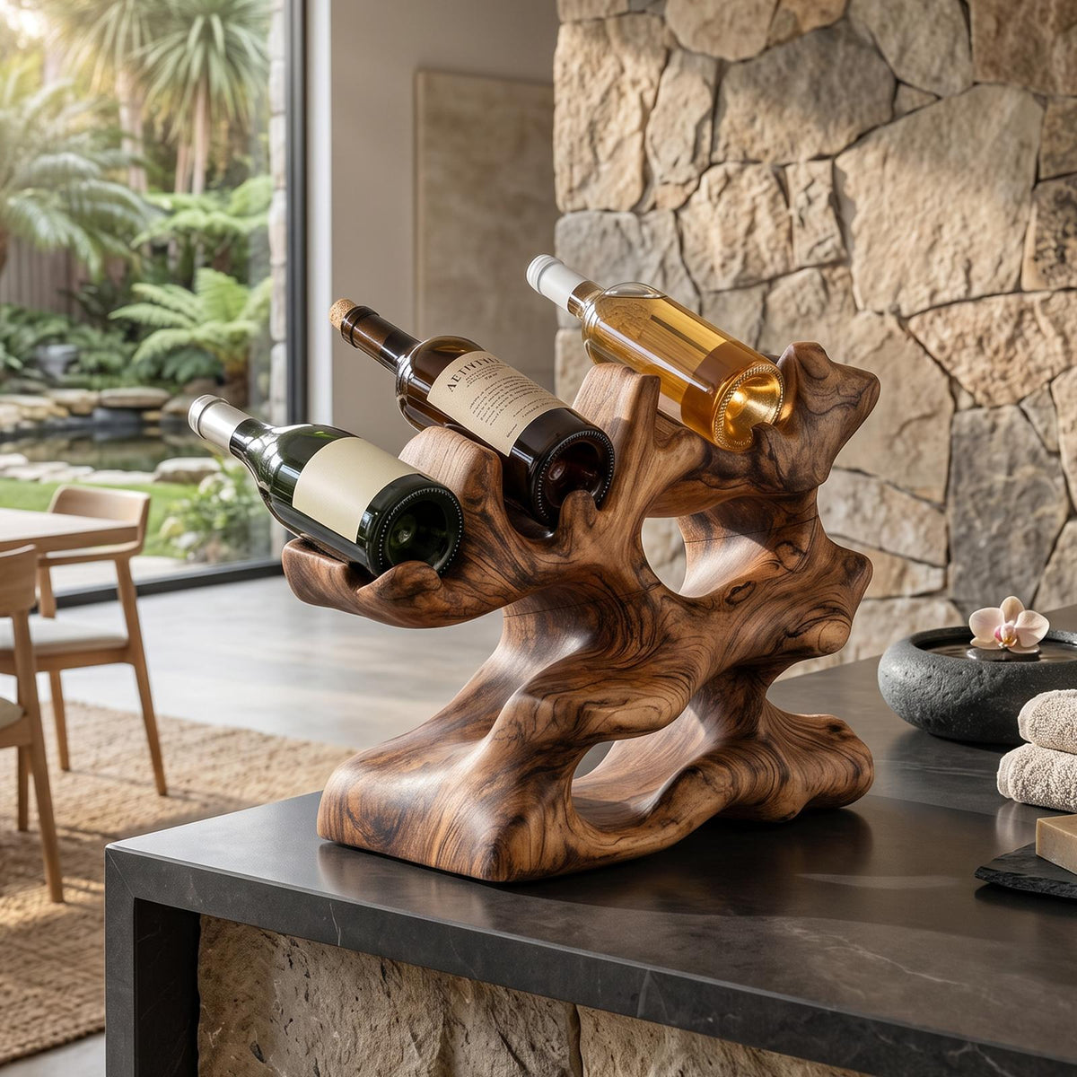 Rustic Wooden Wine Rack, Handcrafted Solid Wood Countertop Bottle Holder, Tabletop Wine Storage Display Shelf for Kitchen Island