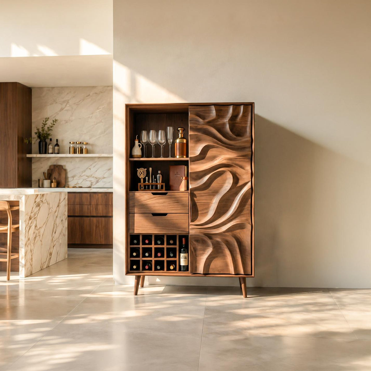 Sculptural Bar Cabinet With Wave Carved Doors For Kitchen SITHTTBCA016