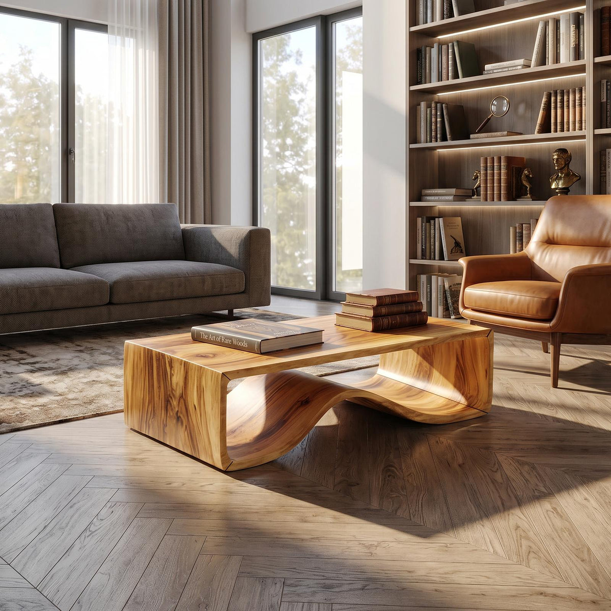 Wave Sculptural Wood Coffee Table, Modern Solid Wood Center Table for Library Lounge and Contemporary Living Room