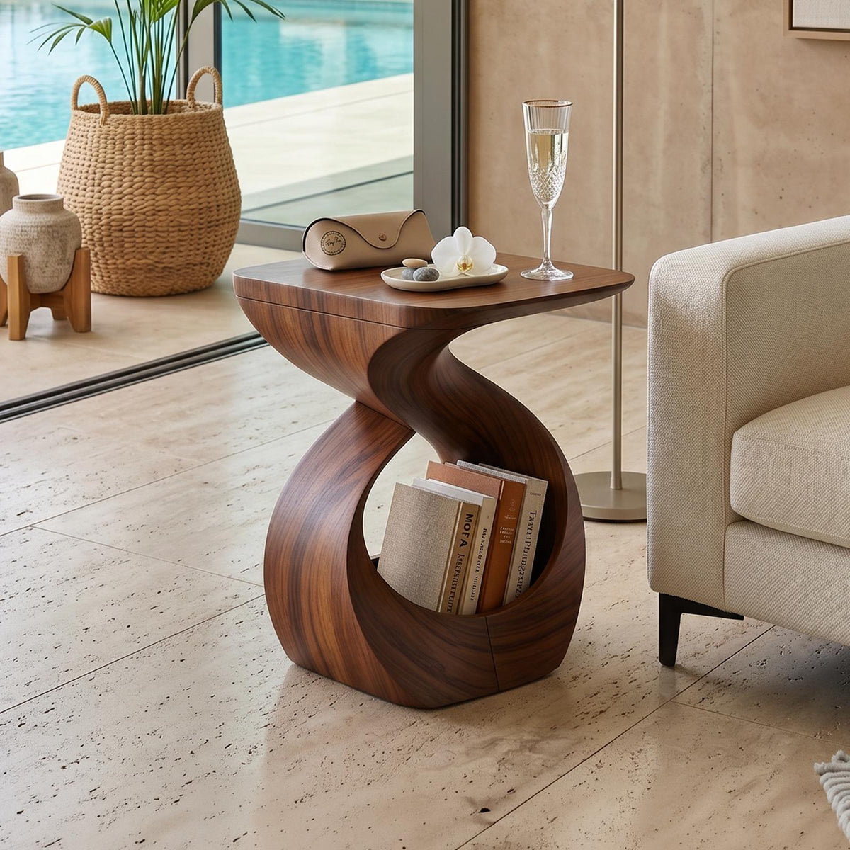 Contemporary Curved Wood End Table, Unique Living Room Accent Side Table for Apartments