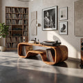Japandi Curved Wood Record Player Stand, Handcrafted Minimalist Vinyl storage Turntable Console Cabinet, Model