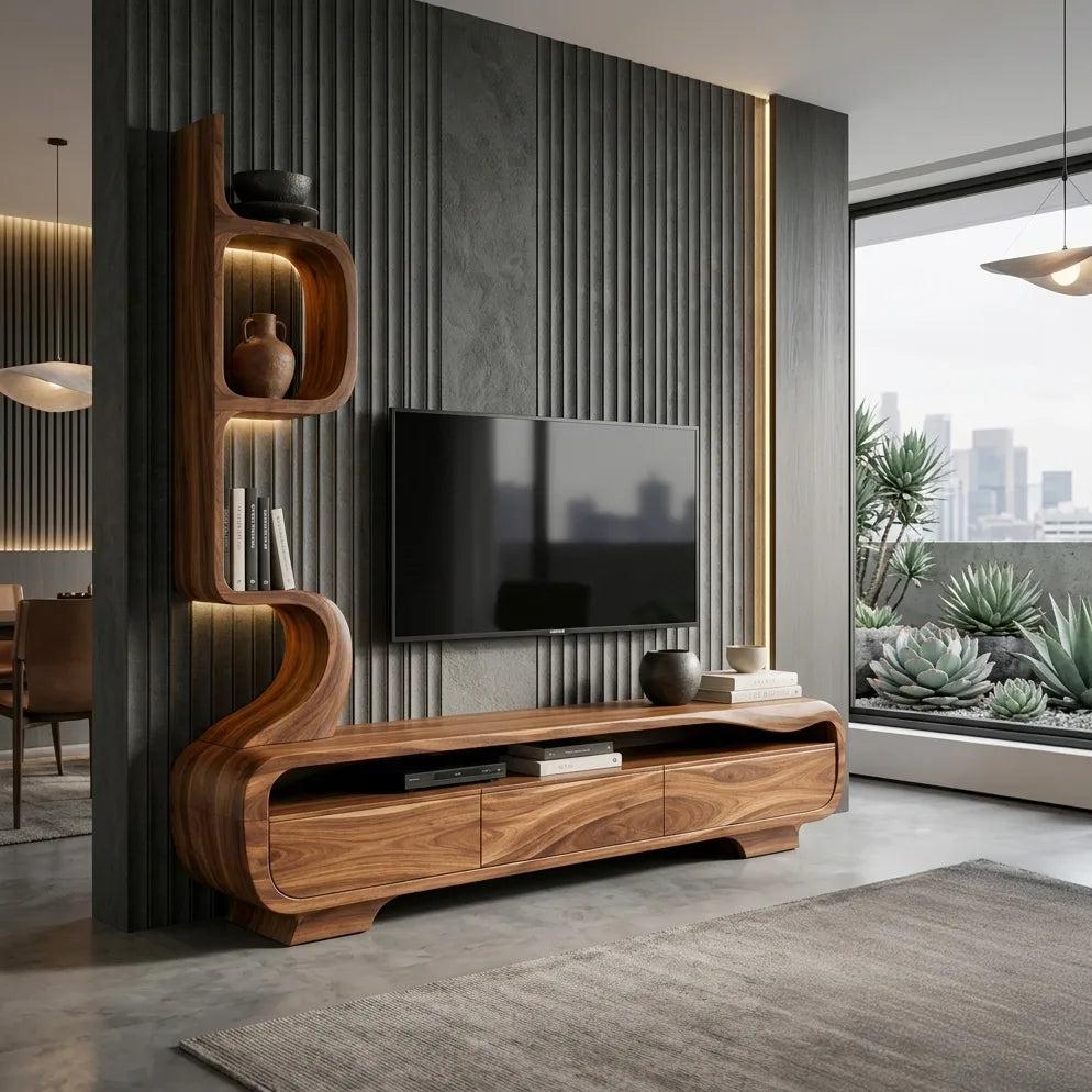 Organic Sculptural TV Console With Display Shelves For Living Room