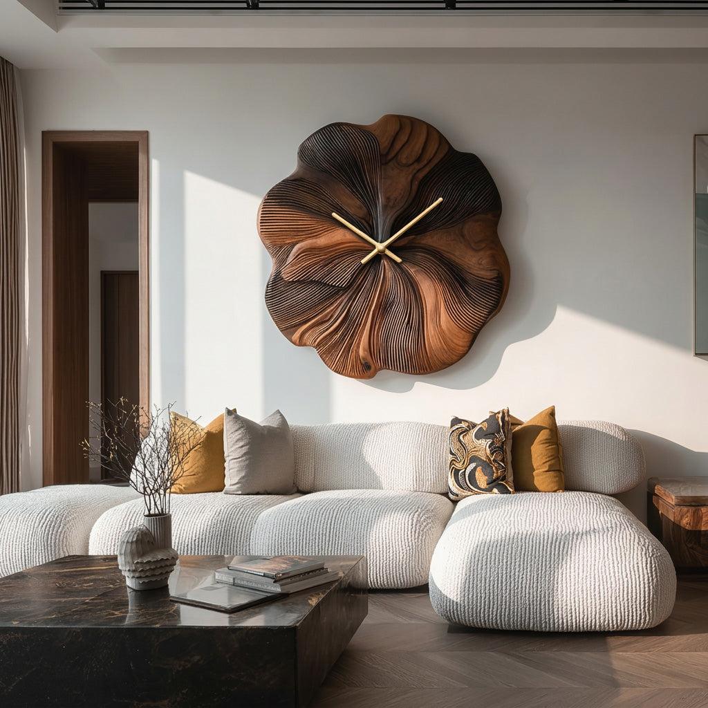 Contemporary Floral Wooden Wall Clock, Handcrafted Flower Shape Solid Wood Timepiece for Living Room