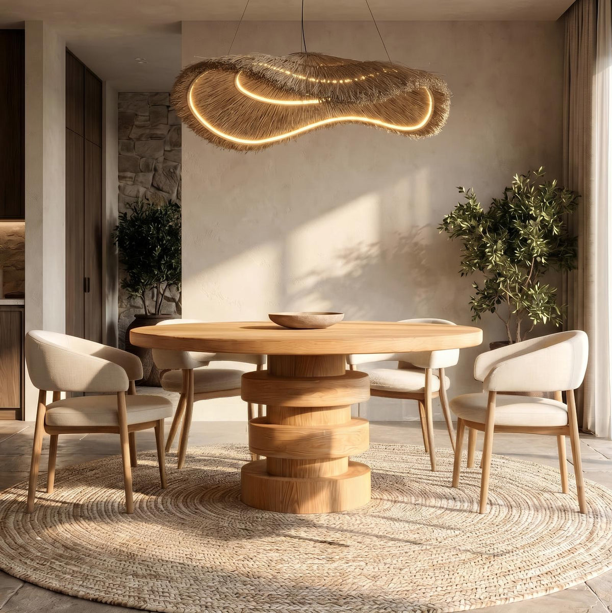 Minimalist Round Dining Table, Sculptural Solid Wood Base Kitchen Table for Modern Dining Room