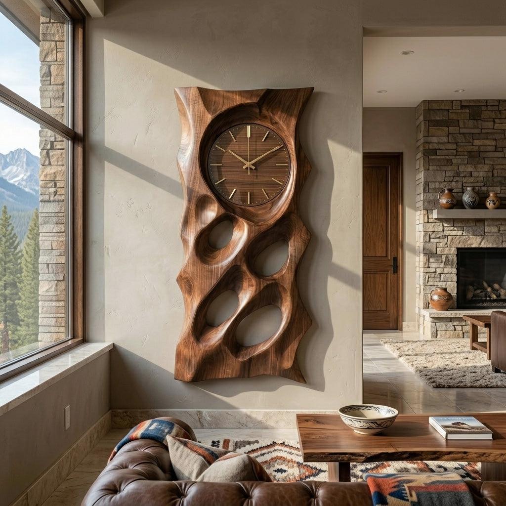 Modern Organic Wooden Wall Clock, 3D Hand-Carved Hollow Wood Hanging Clock for Living Room & Home Office Decor