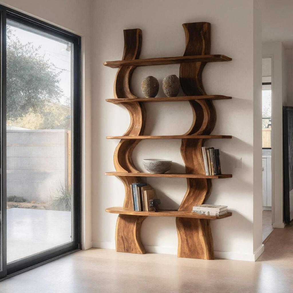 Organic Carved Wood Shelf Storage & Bookcase Display Unit, Solid Wood Accent Shelving for Home Office or Living Room
