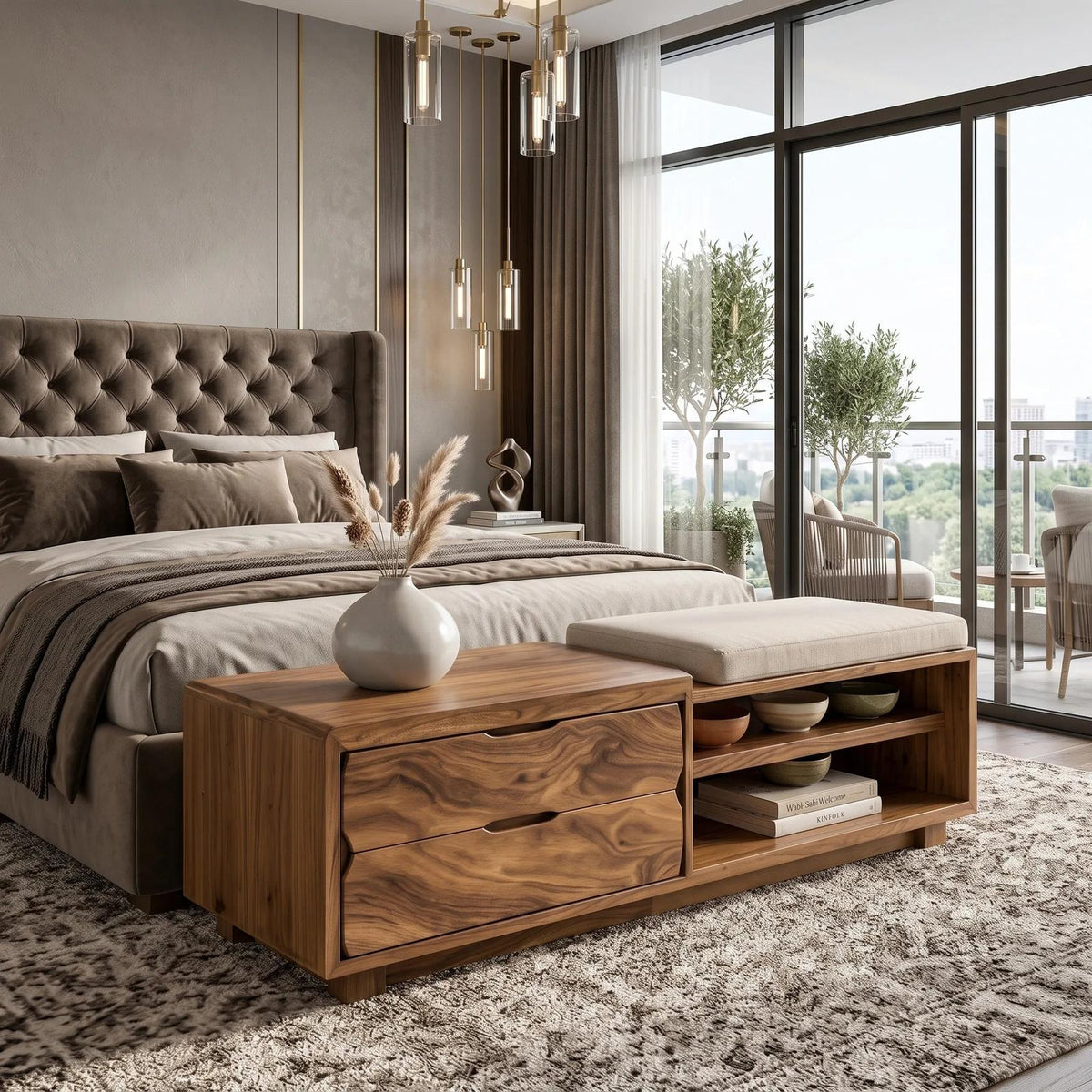 Natural Wood Storage Bench Cushion Drawers For Bedroom