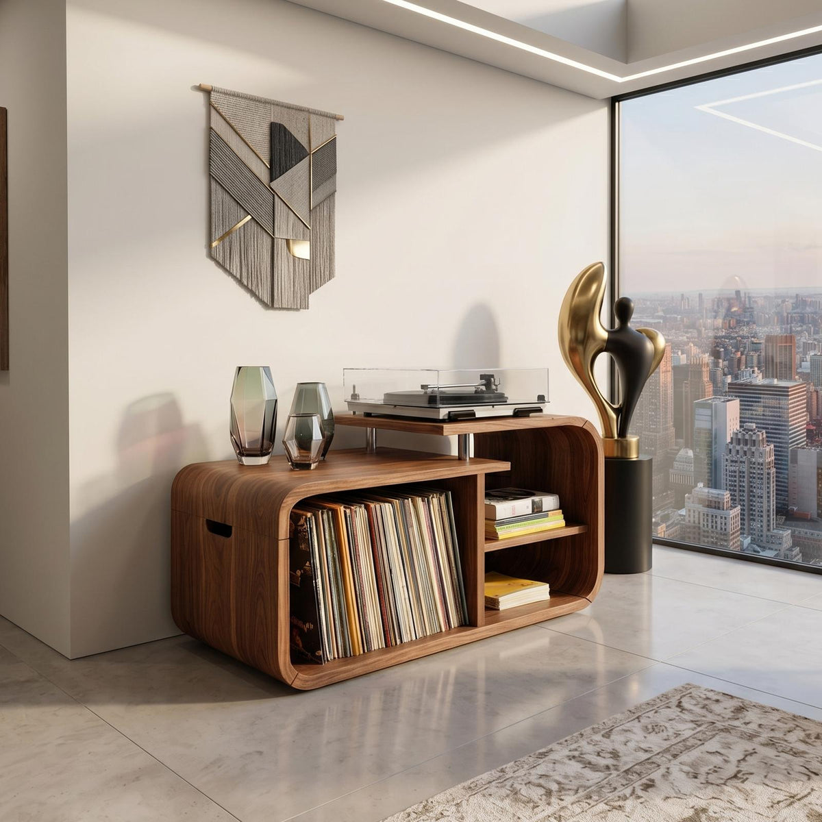Contemporary Curved Wooden Record Player Stand, Handcrafted Modern Vinyl LP Storage Cabinet & Console, Model