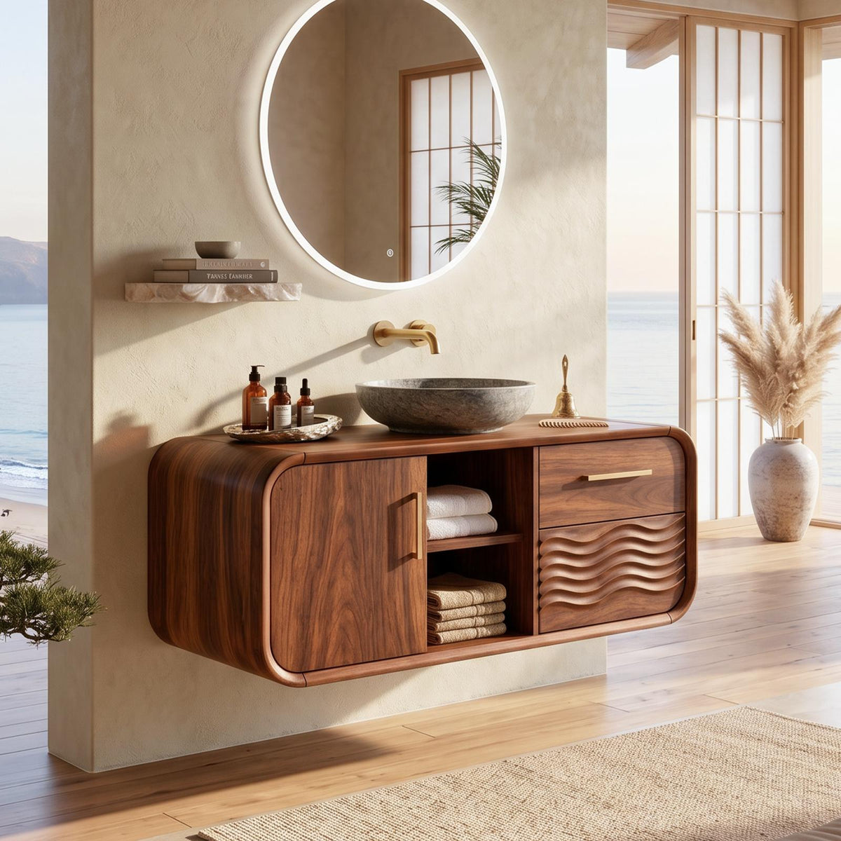 Mid Century Modern Floating Vanity, Solid Wood Wall Mounted Bathroom Vanity Console with Storage Drawers, Under Sink Cabinet, SILDTTNBRV057