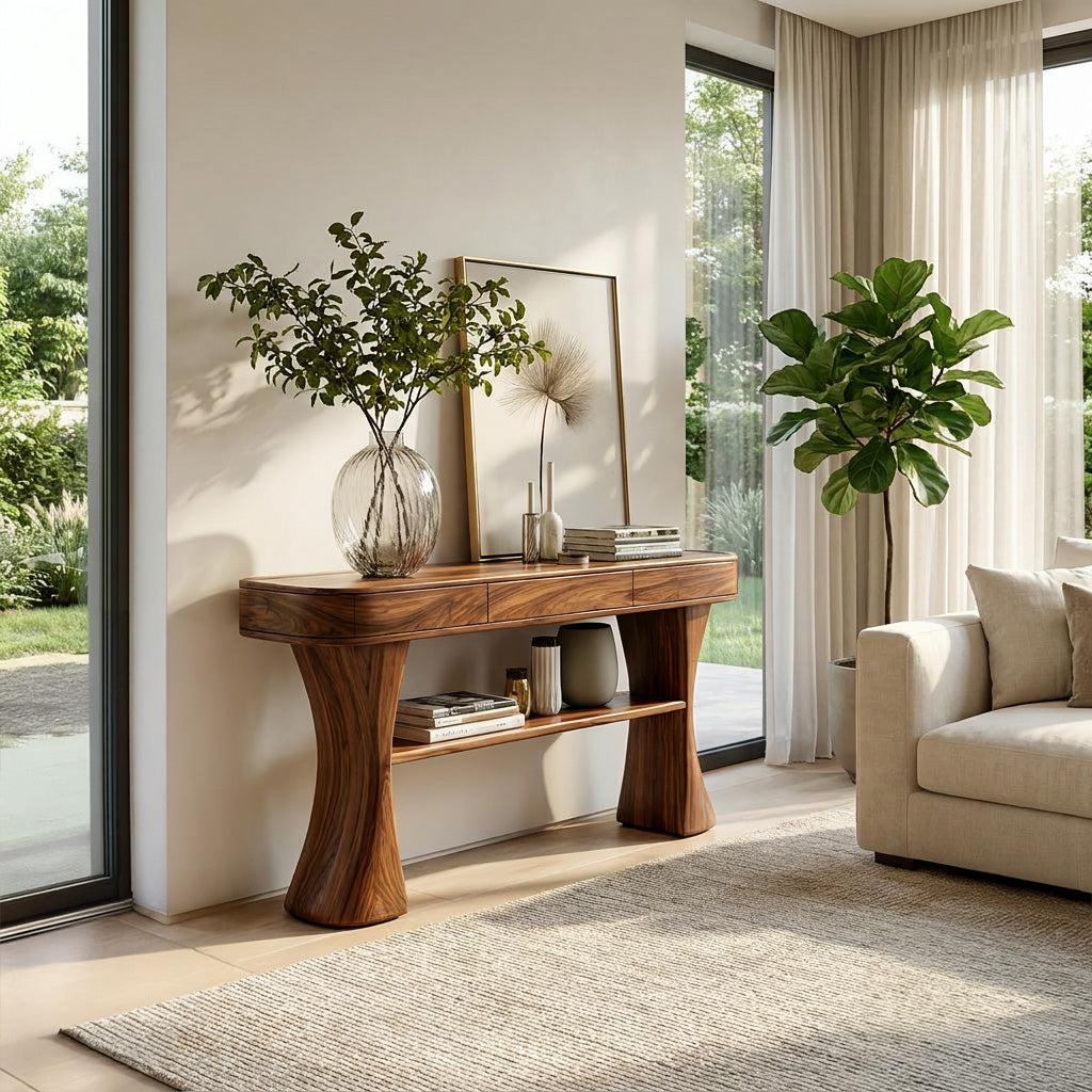 Scandinavian Sculptural Wood Console Table For Entryway