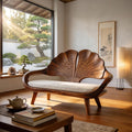 Minimalist Ginkgo Leaf Backrest Bench, Solid Wood Reading Nook Accent Seating & Bedroom Lounge Bench, Natural