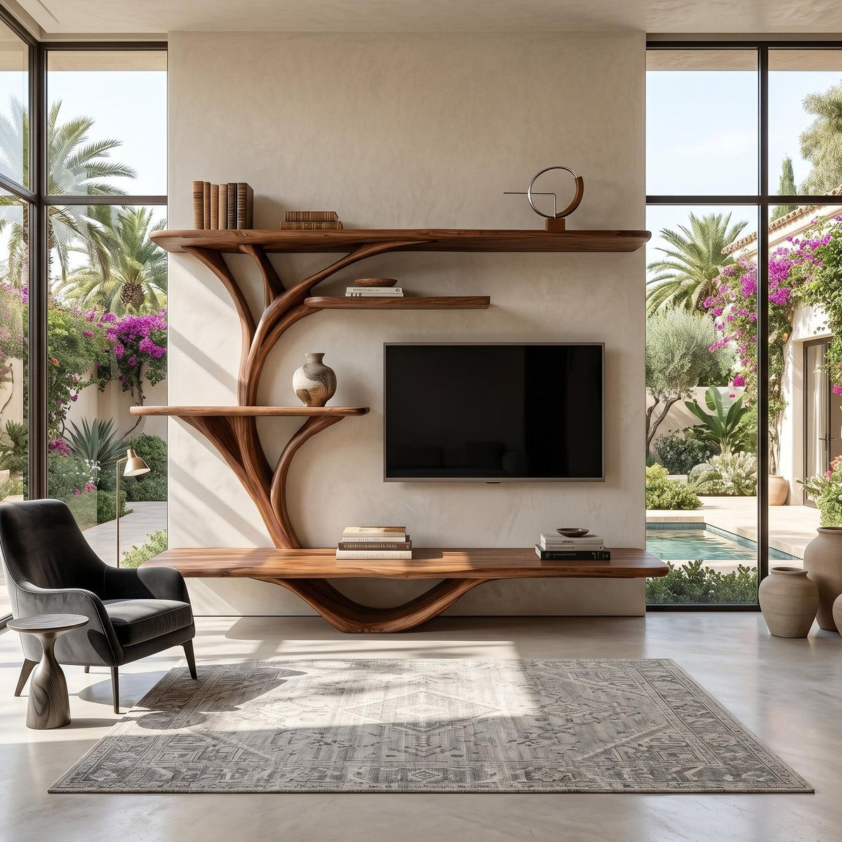 Organic TV Stand With Sculptural Branch Shelves For Living Room