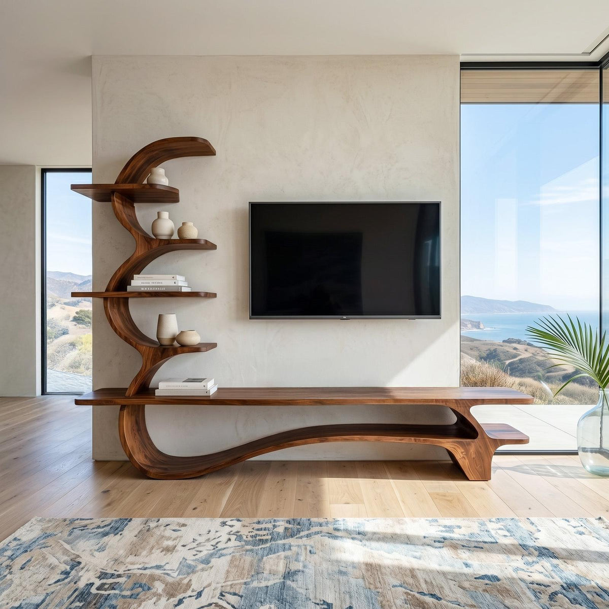 Organic Wood TV Stand With Side Curved Shelf For Living