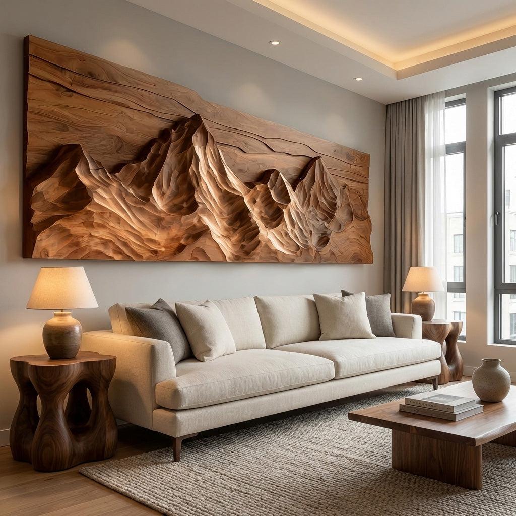 Contemporary Sculptural Wood Wall Art, Mountain Landscape 3D Carved Wood Sculpture Panel for Living Room