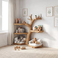 Rustic Corner Tree Bookshelf, Solid Wood Kids Bedroom Wall Hanging Bookcase & Toy Storage Organizer Shelf