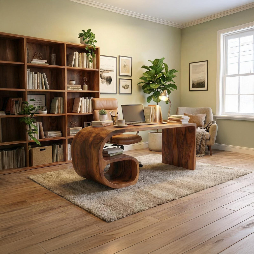 Modern Sculptural Desk, Solid Wood Artistic Computer Writing Desk for Home Office