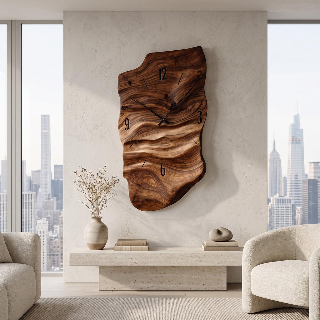 Modern Wall Clock, Carved Wood Circular Abstract Design Hanging Clock for Living Room & Bedroom Wall Decor