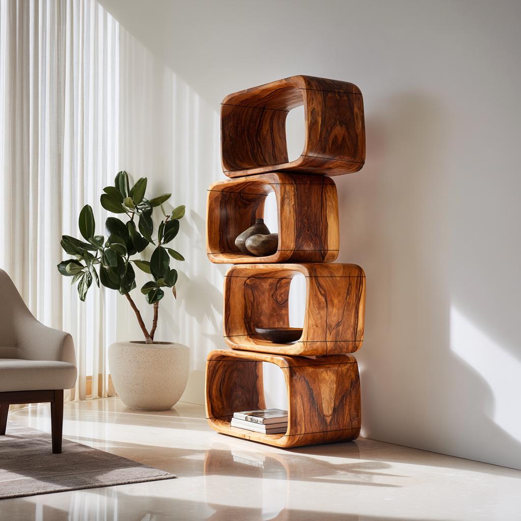 Japandi Asymmetrical Bookshelf, Minimalist Wooden Bookcase Storage Shelf for Bathroom & Living Room