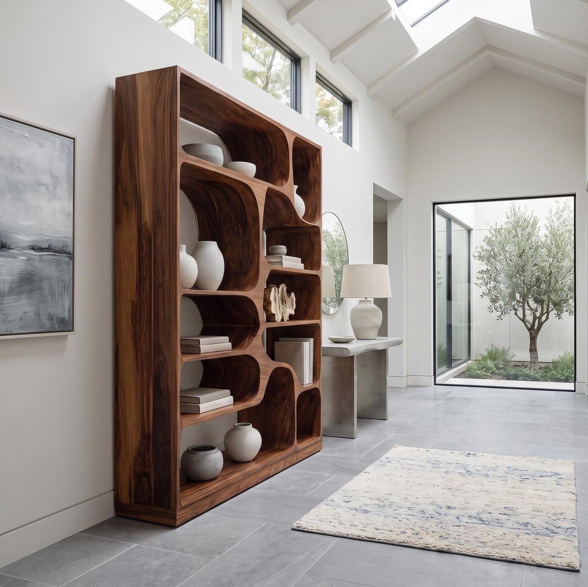 Artistic Wood Bookcase, Handcrafted Sculptural Bookshelf with Open Shelving for Living Room, Bedroom & Office
