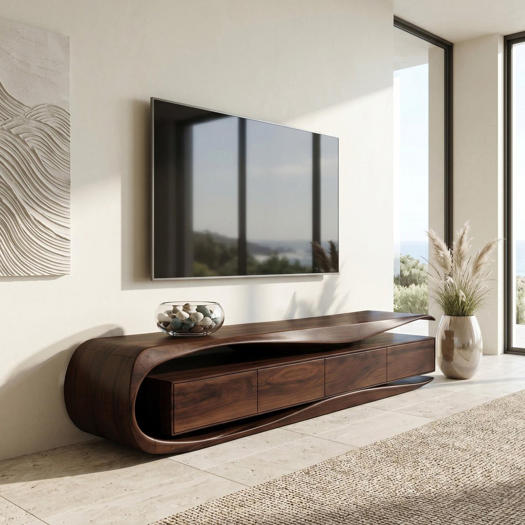 Modern Organic TV Console Table, Handcrafted Solid Wood Media Center Cabinet Sideboard Credenza for Living Room