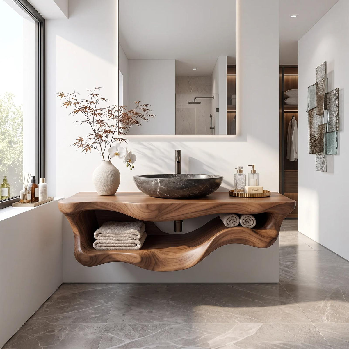 Organic Sculptural Wood Bathroom Vanity Spa Bathroom