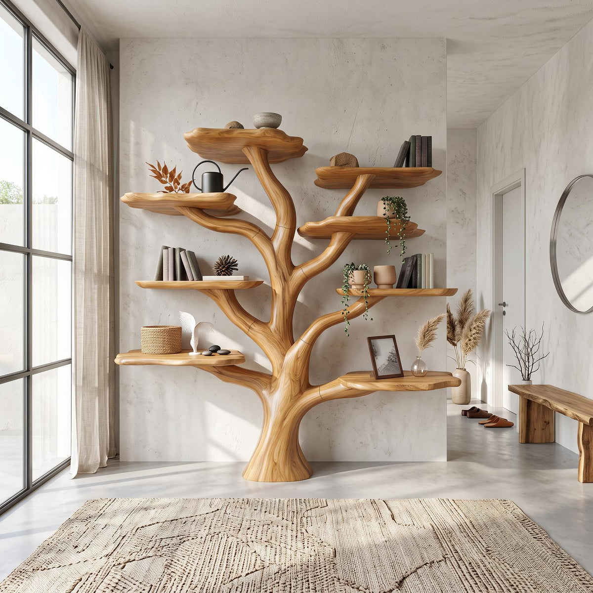 Rustic Mushroom Branch Bookshelf, Solid Wood Wall Mounted Bookcase & Floating Display Shelf for Living Room or Dining Room
