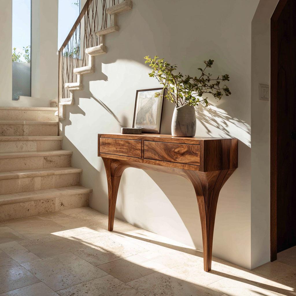 Mid Century Console Table With Sculptural Base For Entryway