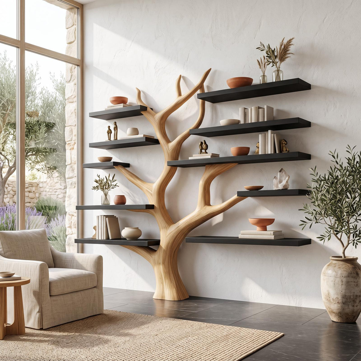 Rustic Tree Bookshelf, Solid Wood Wall Mounted Bookcase & Cozy Floating Storage Shelf for Bedroom or Living Room Decor