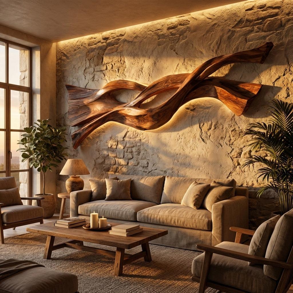 Contemporary Wood Wall Art, Flowing Abstract Wave Design 3D Carved Wood Sculpture for Living Room Decor